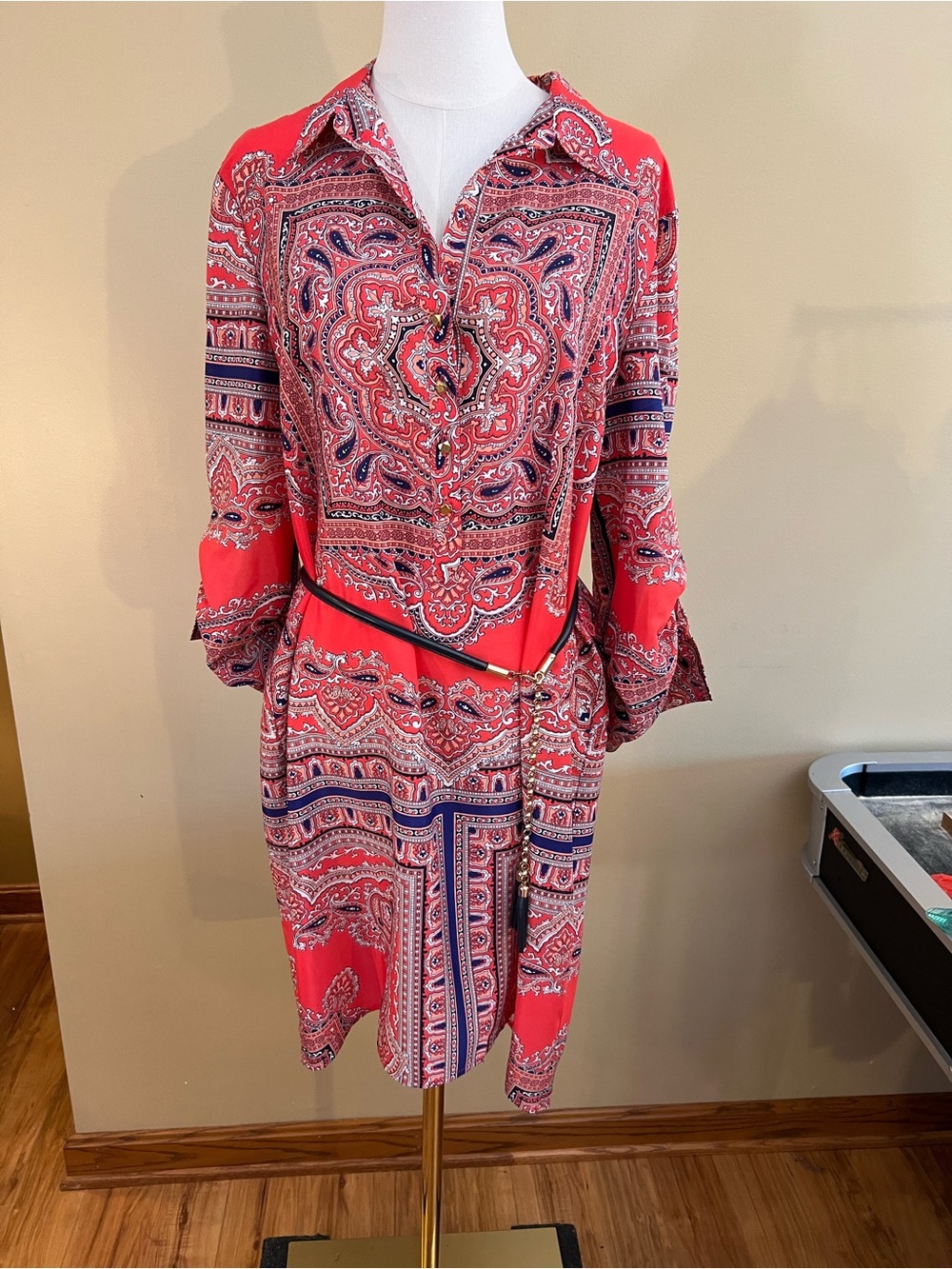 Coral/Neon Red & Blue Paisley Print Shirt Dress with Belt